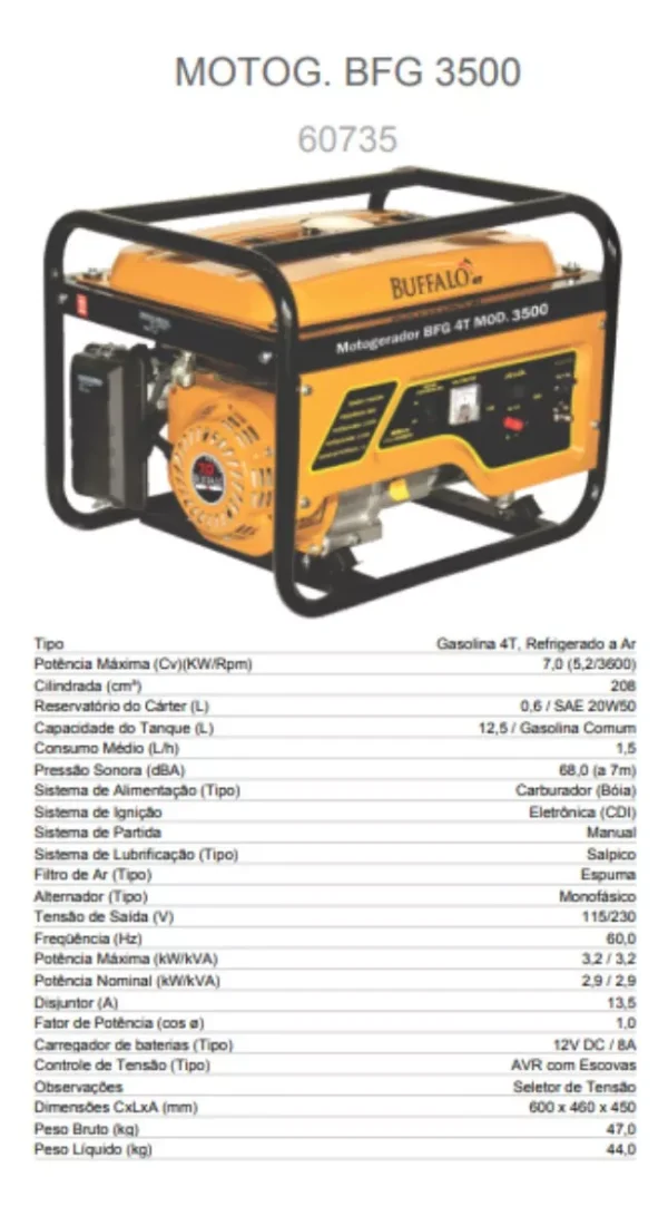 Gerador Portátil Buffalo Bfg3500 Monofásico Tecnologia Avr - Imagem 6